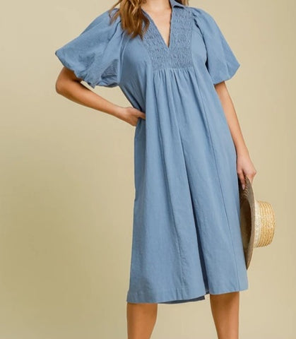 Smocked Front Yoke Midi Dress