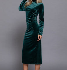 High Neck Shirring Glitter Velvet Long Dress
