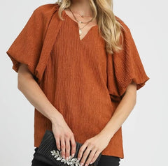 Textured Flutter Sleeve Notch Neck Top