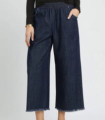 Washed Denim Pants with Fringe Hem
