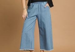 Washed Denim Pants with Fringe Hem