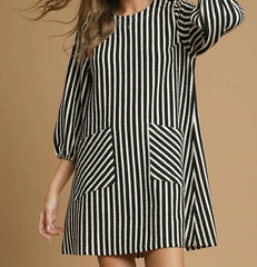 Striped Textured Mini Dress With Front Pockets