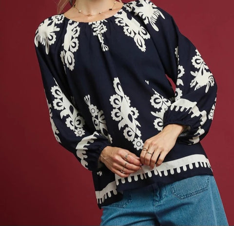 Two Tone Border Print Top