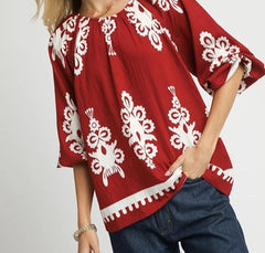 Two Tone Border Print Top