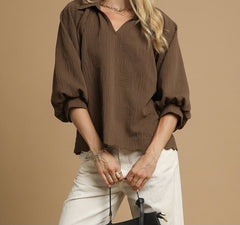 Textured V-Neck Collared Top