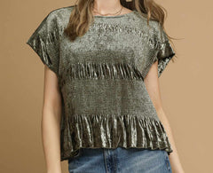Velvet Ruffle Hem Smocked Top