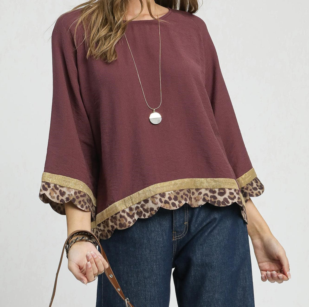 Boho Top With Leopard Trim & Wide Sleeves