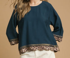 Boho Top With Leopard Trim & Wide Sleeves