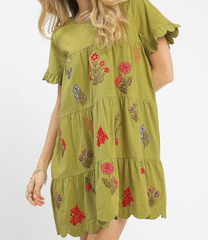 Embroidered Tiered Babydoll Dress With Ruffle Sleeves