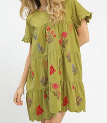 Embroidered Tiered Babydoll Dress With Ruffle Sleeves