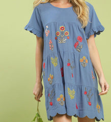 Embroidered Tiered Babydoll Dress With Ruffle Sleeves