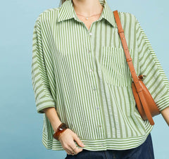 Mixed Stripe Oversized Button Down Top
