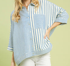 Mixed Stripe Oversized Button Down Top