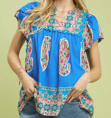 Smocked Print Flutter Sleeve Top