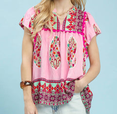 Smocked Print Flutter Sleeve Top