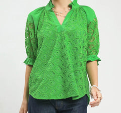 Linen V-Neck Lace Puff Sleeve Top