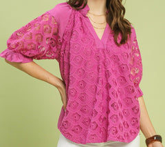 Linen V-Neck Lace Puff Sleeve Top