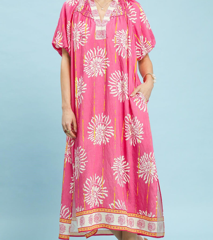 Collar Smocked V-Neck Midi Dress