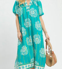Collar Smocked V-Neck Midi Dress