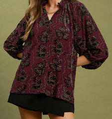 Metallic Velvet Floral Textured Split Neck Top