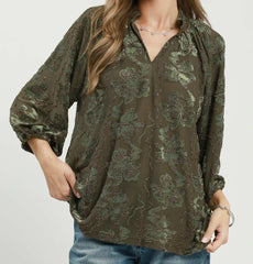 Metallic Velvet Floral Textured Split Neck Top