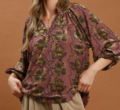 Metallic Velvet Floral Textured Split Neck Top