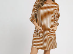 Striped Textured Mini Dress With Front Pockets