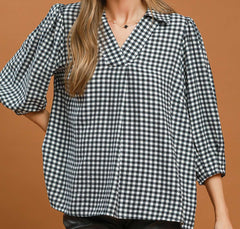 Gingham Check Collared Puff Sleeve Top