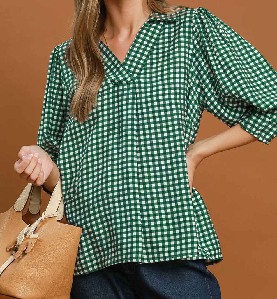 Gingham Check Collared Puff Sleeve Top