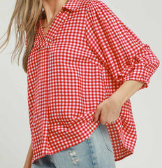 Gingham Check Collared Puff Sleeve Top