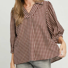 Gingham Check Collared Puff Sleeve Top