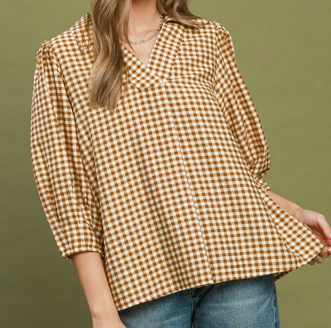 Gingham Check Collared Puff Sleeve Top