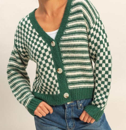 Checker/Stripe Contrast Knit Sweater