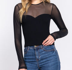 Long Sleeve Round Neck Seamless Mesh Top