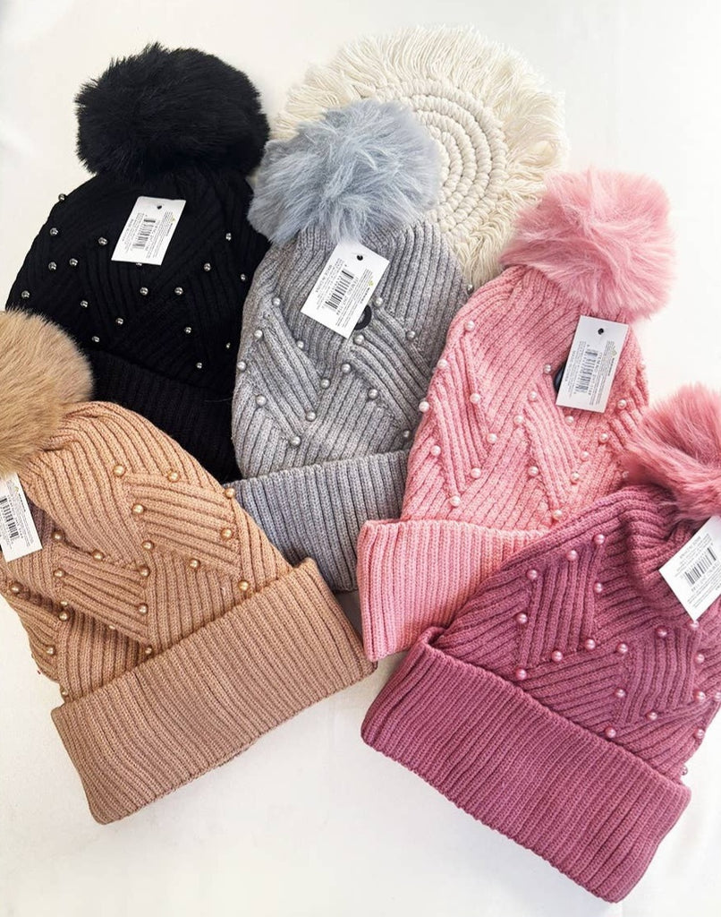 Fur Ball Pom Pom With Pearl Beaded Beanie