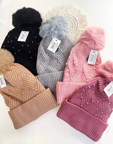 Fur Ball Pom Pom With Pearl Beaded Beanie