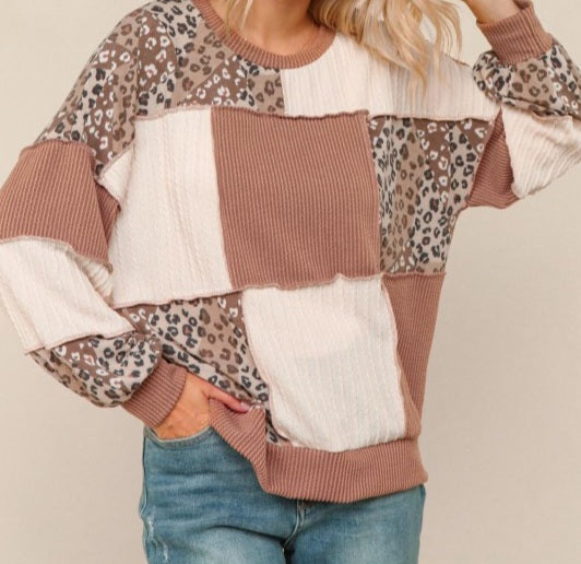 Rib Cable Knit Leopard Pullover Knit Top