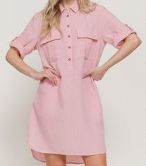 Linen Dress With Roll Up Short Sleeve