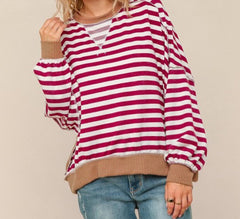 Crew Neck Stripe Pullover Knit Top
