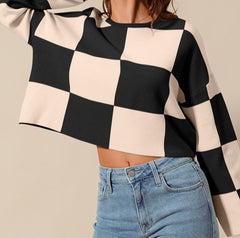 Checkered Crop Sweater With Bell Sleeves