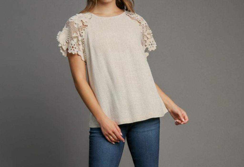 Solid Top With Floral Crochet On Sleeves