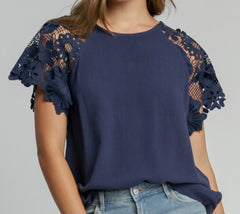 Solid Top With Floral Crochet On Sleeves