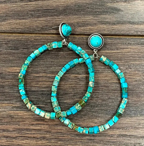 Handmade Square Gemstone Hoop Post Earrings