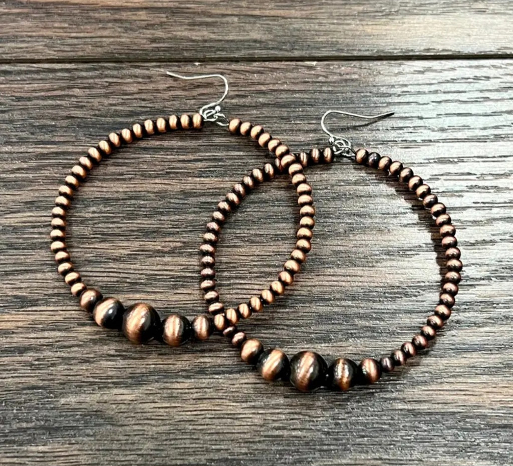 Handmade Copper Navajo Bead, 65mm Hoop Earrings
