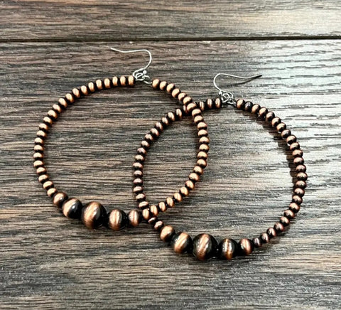 Handmade Copper Navajo Bead, 65mm Hoop Earrings