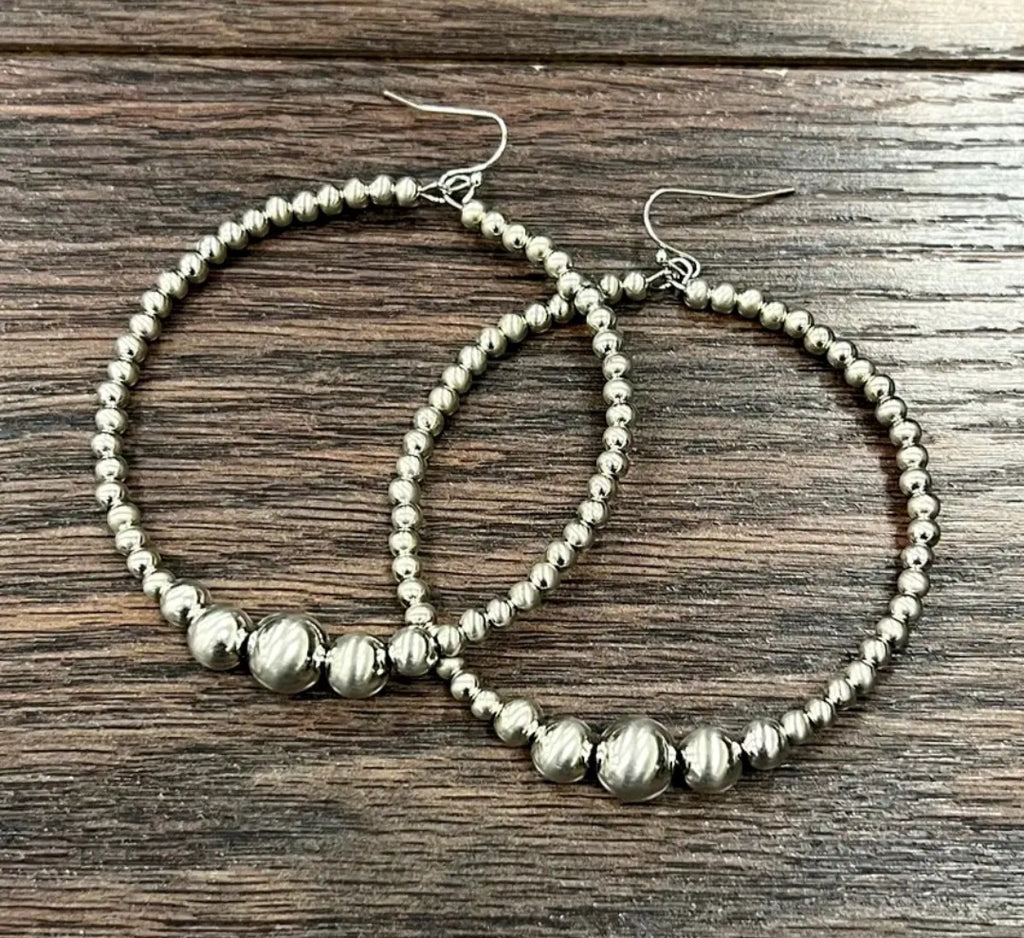 Handmade Silver Navajo Bead, 65mm Hoop Earrings
