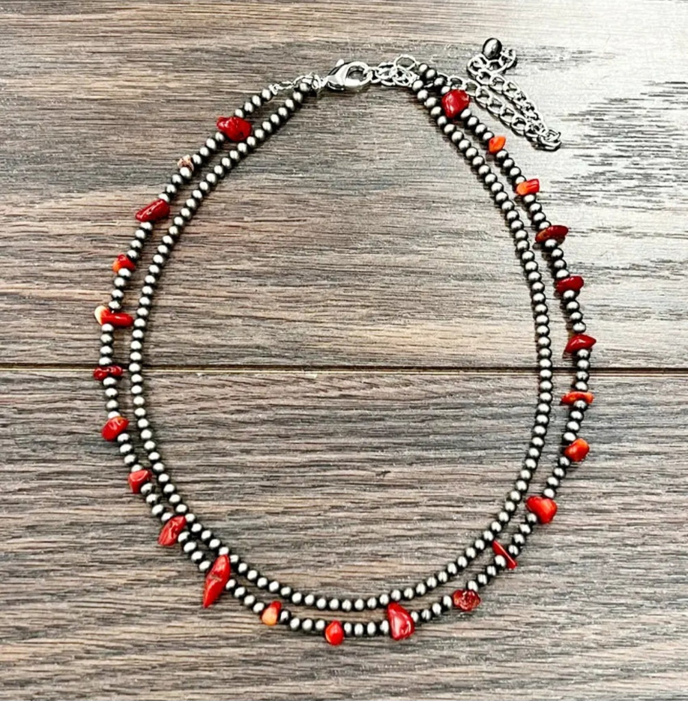 Handmade 16" 2-Strand Coral, Navajo Bead Necklace