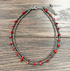 Handmade 16" 2-Strand Coral, Navajo Bead Necklace