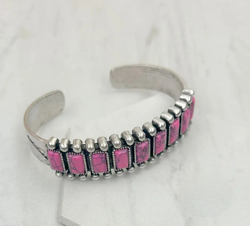 Silver Metal With Hot Pink Stone Bangle