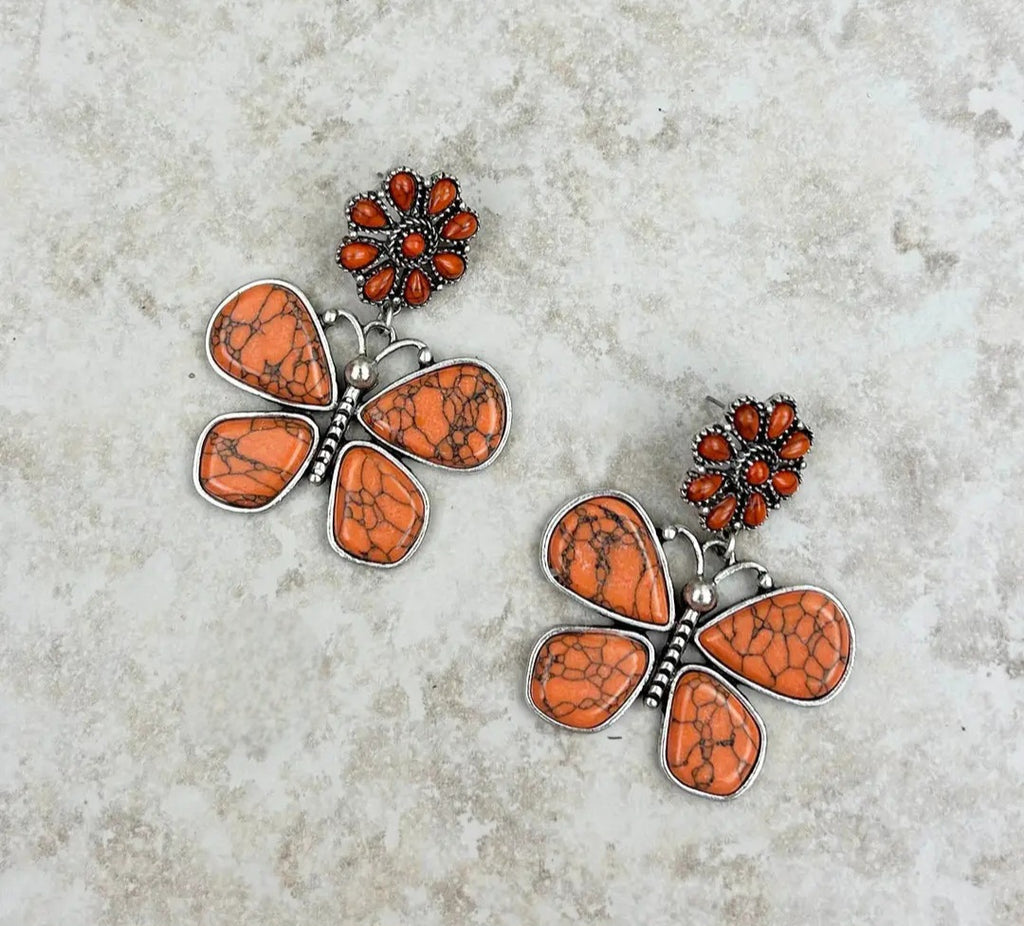 Silver Butterfly Dangle Earrings with Orange Stone